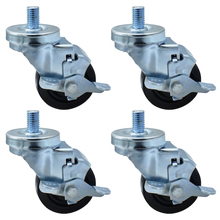 Bk Resources 3-inch Threaded Stem Casters, Polyolefin Wheels, Top Lock Brake, 300lb Capacity, 4PK 3SBR-5ST-LDP-PS4